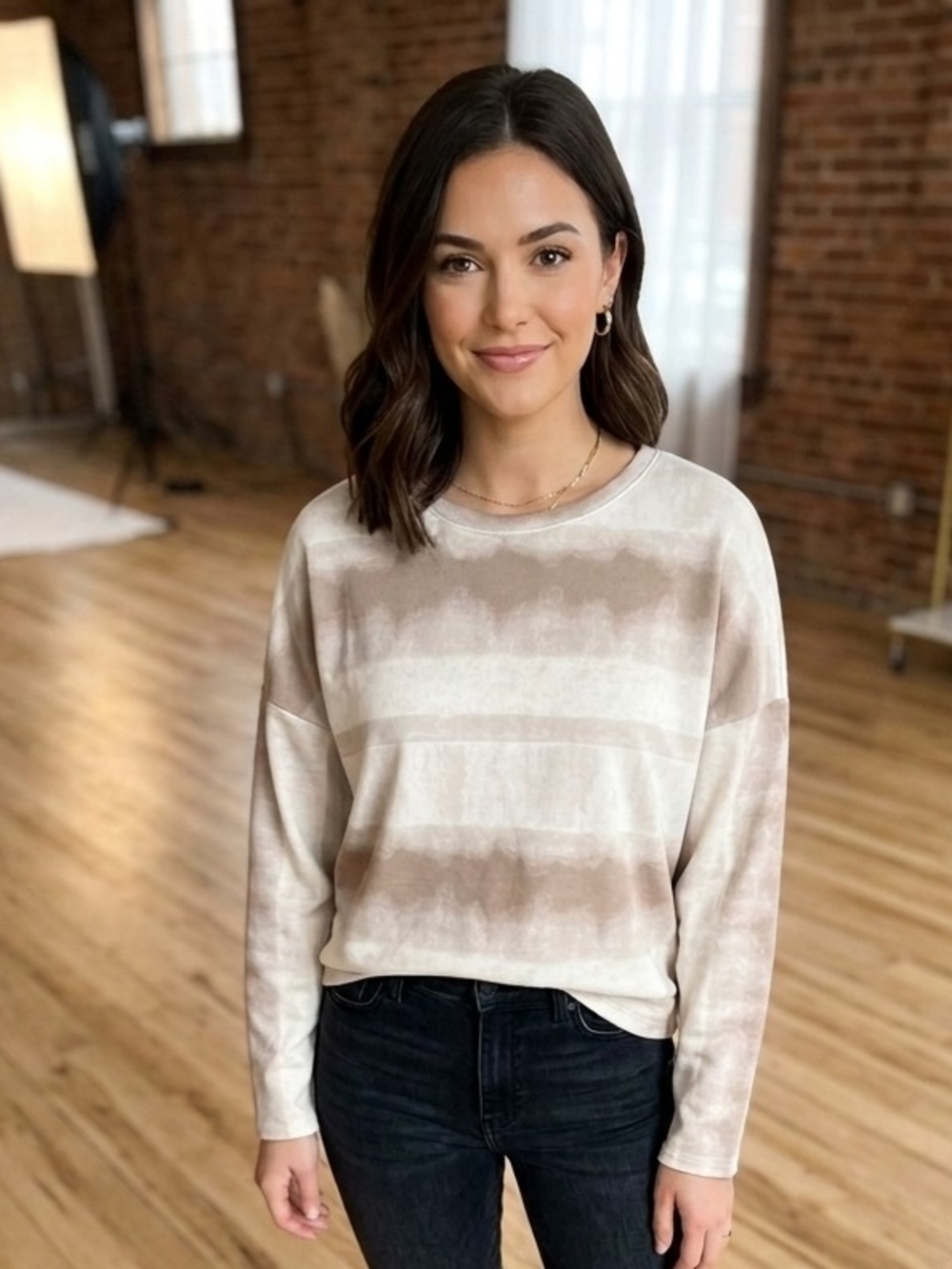 Grey & Gray Striped Long-Sleeve Crewneck Sweatshirt in Light Taupe - Picture 9 of 9